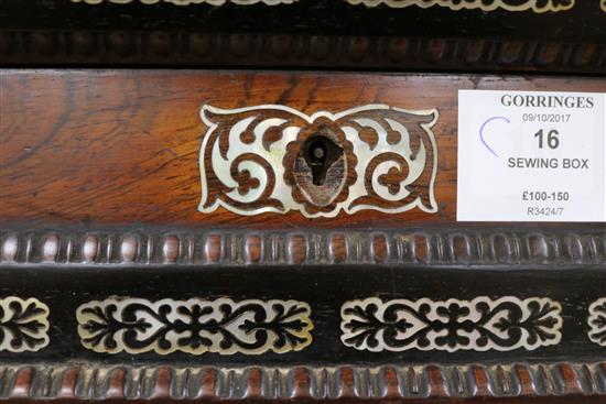 A Victorian rosewood and mother of pearl sewing box